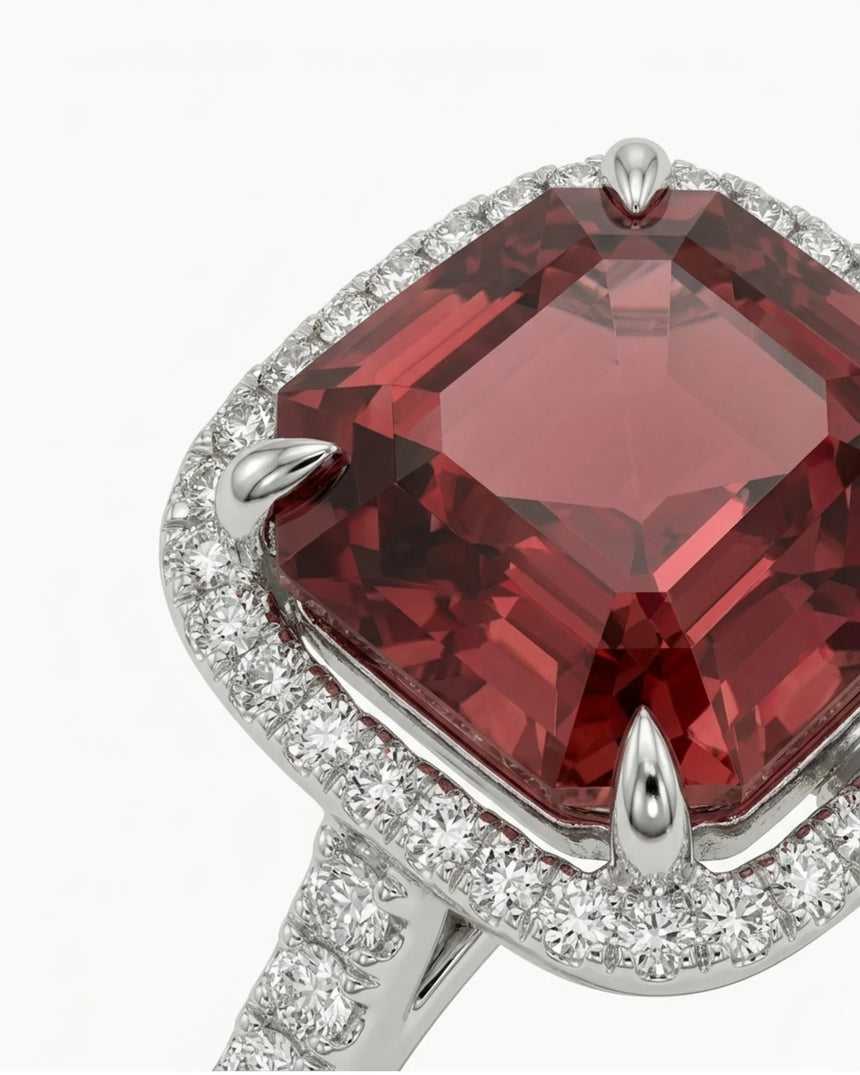 Luxury red tourmaline diamond halo ring in 18K white gold | SARATTI