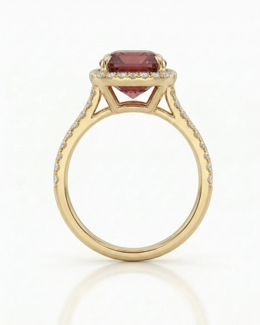 Luxury red tourmaline diamond halo ring in 18K yellow gold - SARATTI