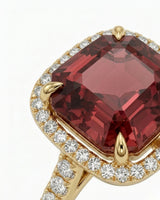 Luxury red tourmaline diamond halo ring in 18K yellow gold | SARATTI