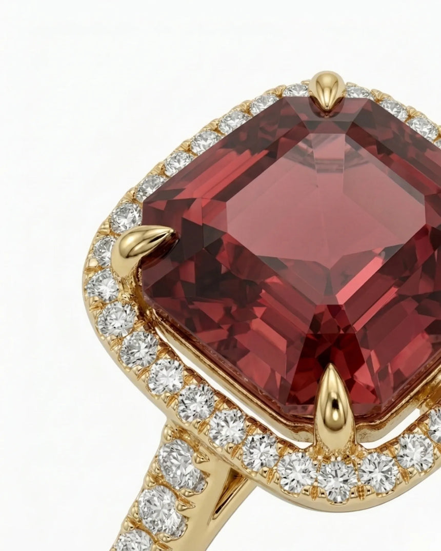 Luxury red tourmaline diamond halo ring in 18K yellow gold | SARATTI