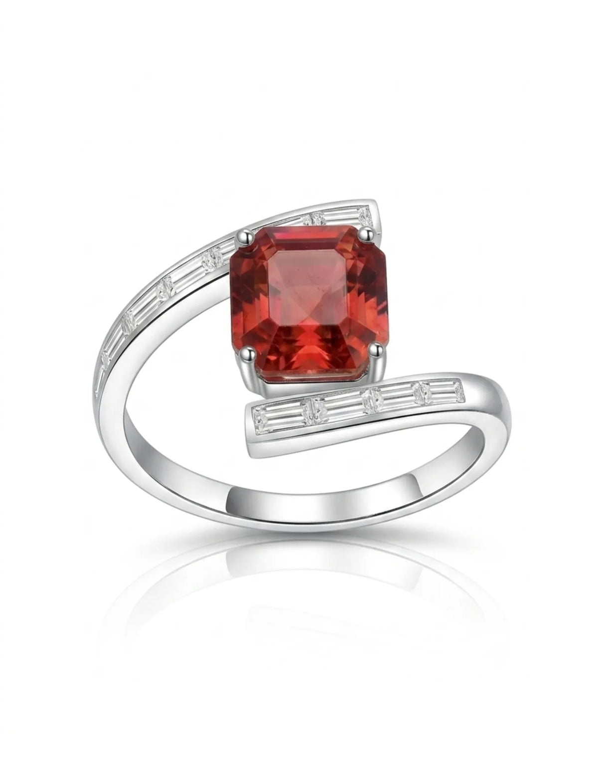 Luxury reddish pink tourmaline and diamond ring in platinum with modern bypass design | SARATTI