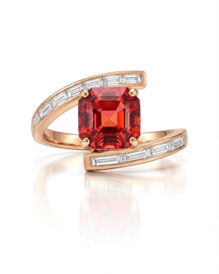 Luxury reddish pink tourmaline and diamond ring in rose gold with modern bypass design - SARATTI