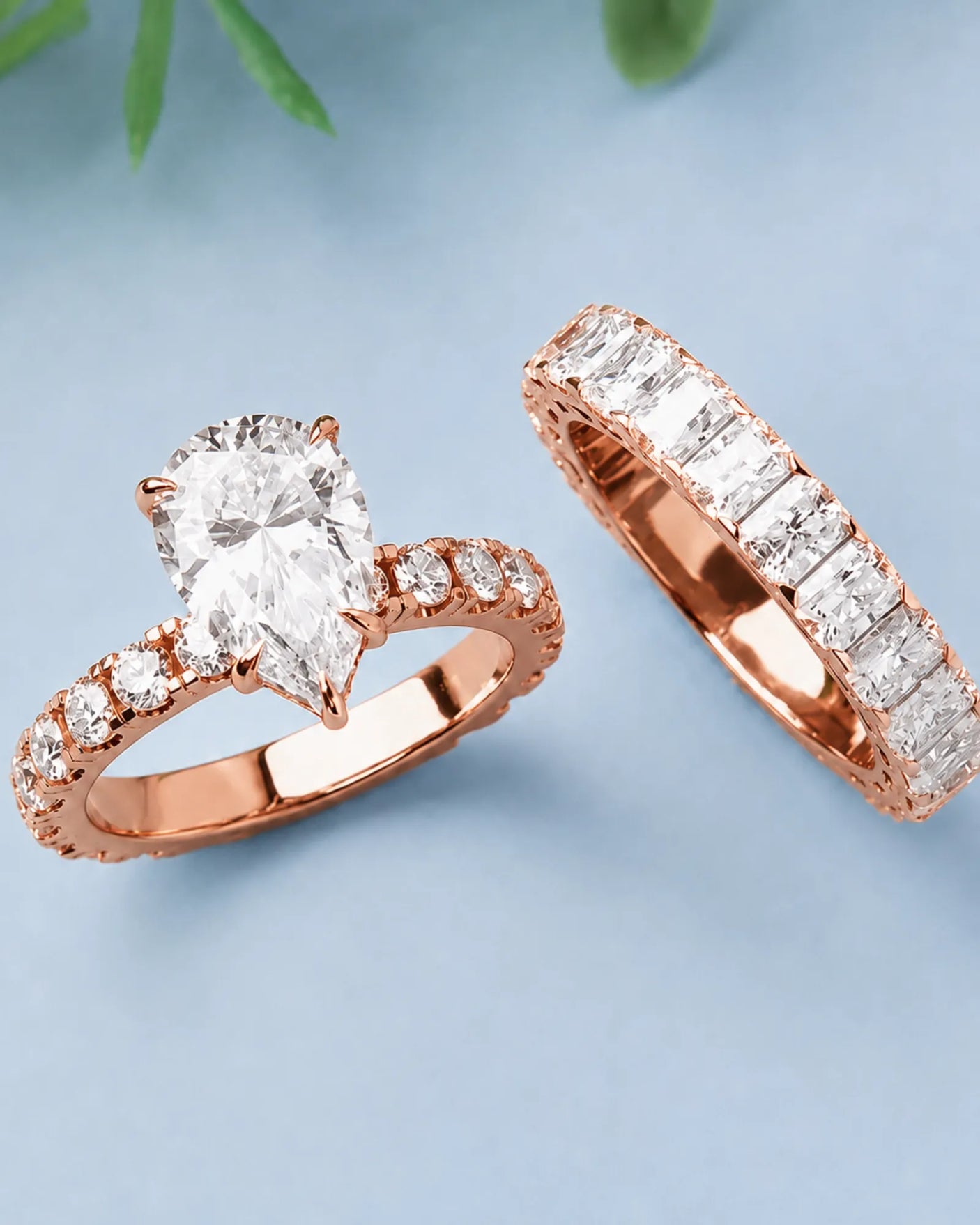 Luxury rose gold pear cut moissanite ring with luminous side stones and elegant balance | SARATTI.