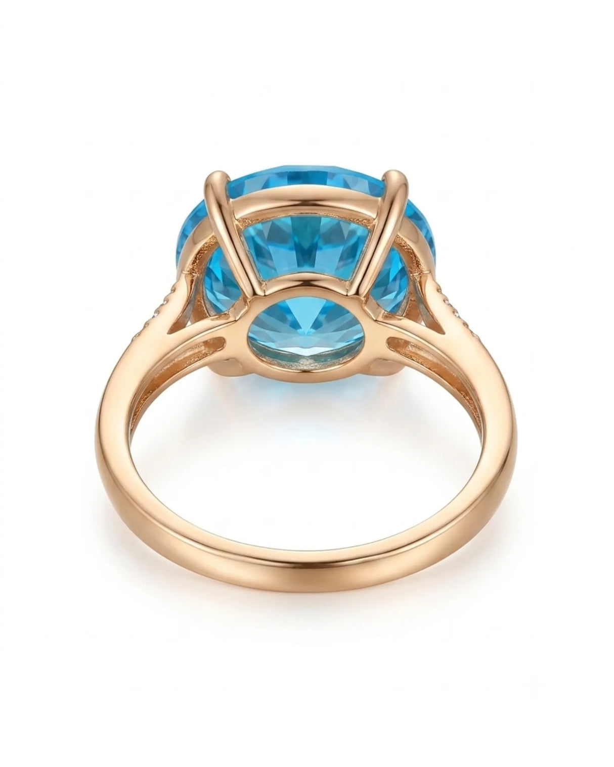 Luxury round blue topaz cocktail ring with diamond-accented shoulders in polished 18K rose gold - SARATTI