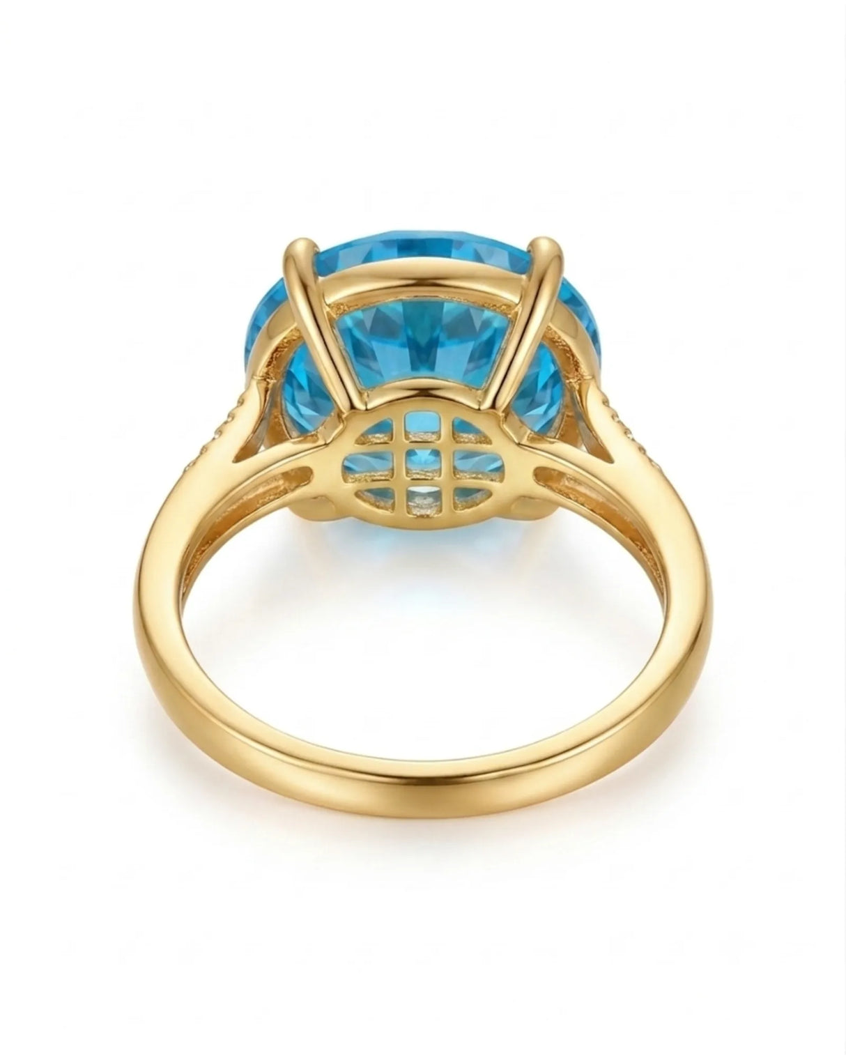 Luxury round blue topaz cocktail ring with diamond-accented shoulders in polished 18K yellow gold - SARATTI