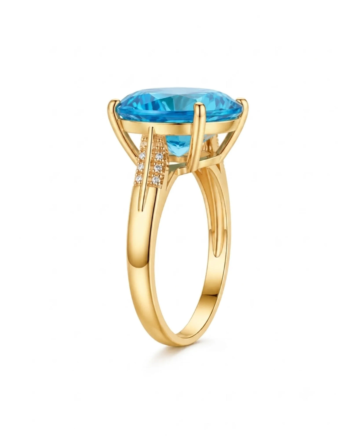 Luxury round blue topaz cocktail ring with diamond-accented shoulders in polished 18K yellow gold | SARATTI