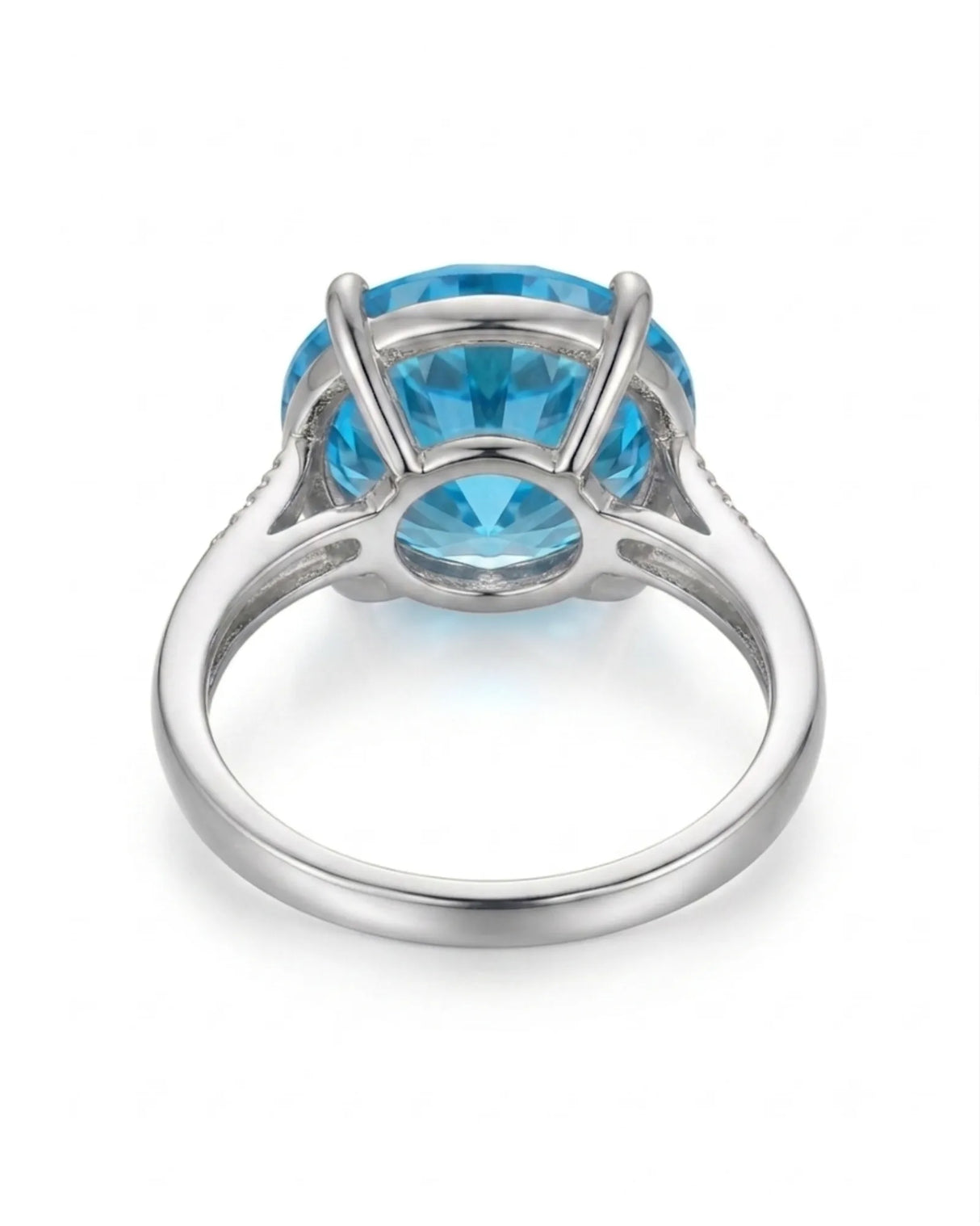 Luxury round blue topaz cocktail ring with diamond-accented shoulders in substantial platinum - SARATTI