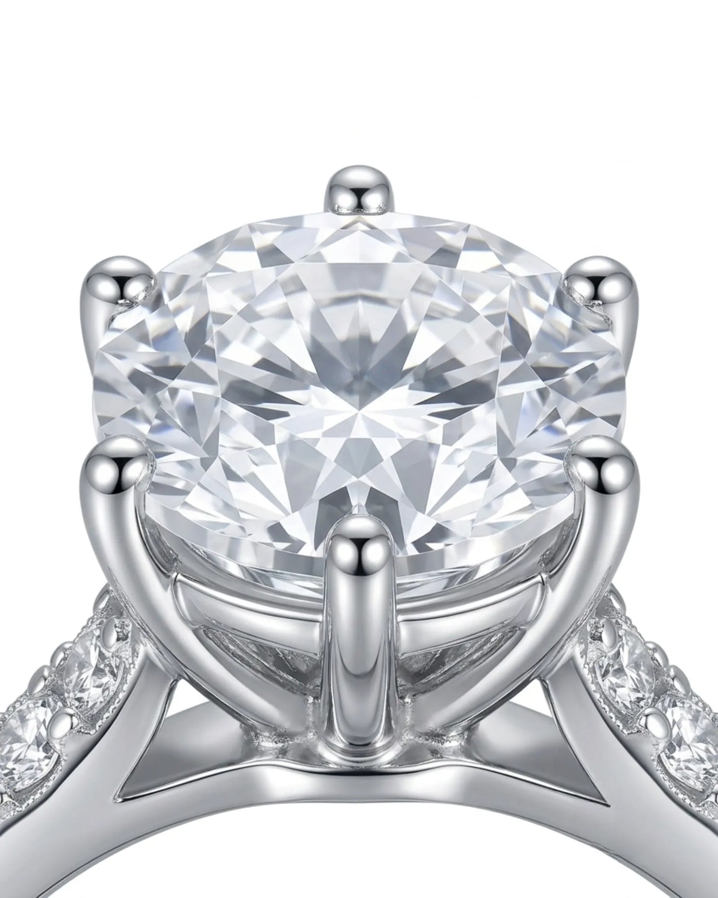 Luxury round diamond proposal ring with elevated prong setting and pavé 18K white gold band | SARATTI