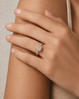 Luxury round moissanite halo ring with split shank in rose gold - SARATTI
