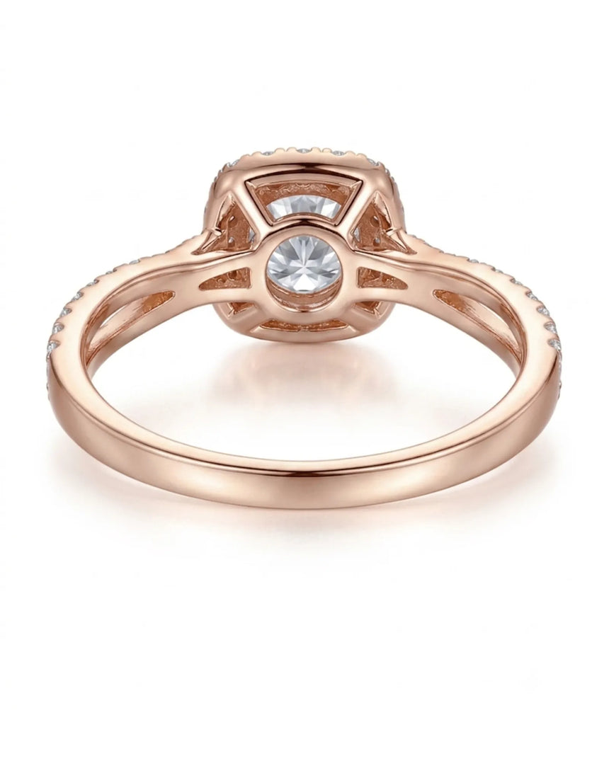 Luxury round moissanite halo ring with split shank in rose gold | SARATTI
