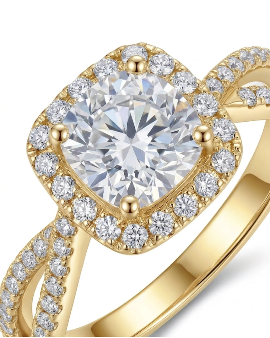 Luxury round moissanite halo ring with split shank in yellow gold | SARATTI