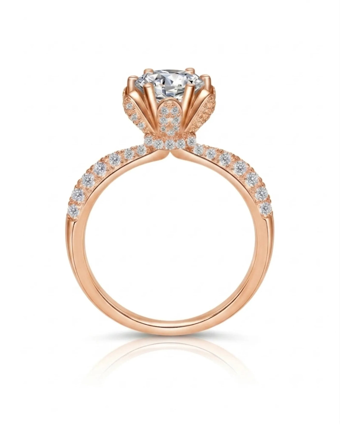 Luxury round moissanite ring with crystal-covered petals, hidden halo, and 18K rose gold craftsmanship - SARATTI