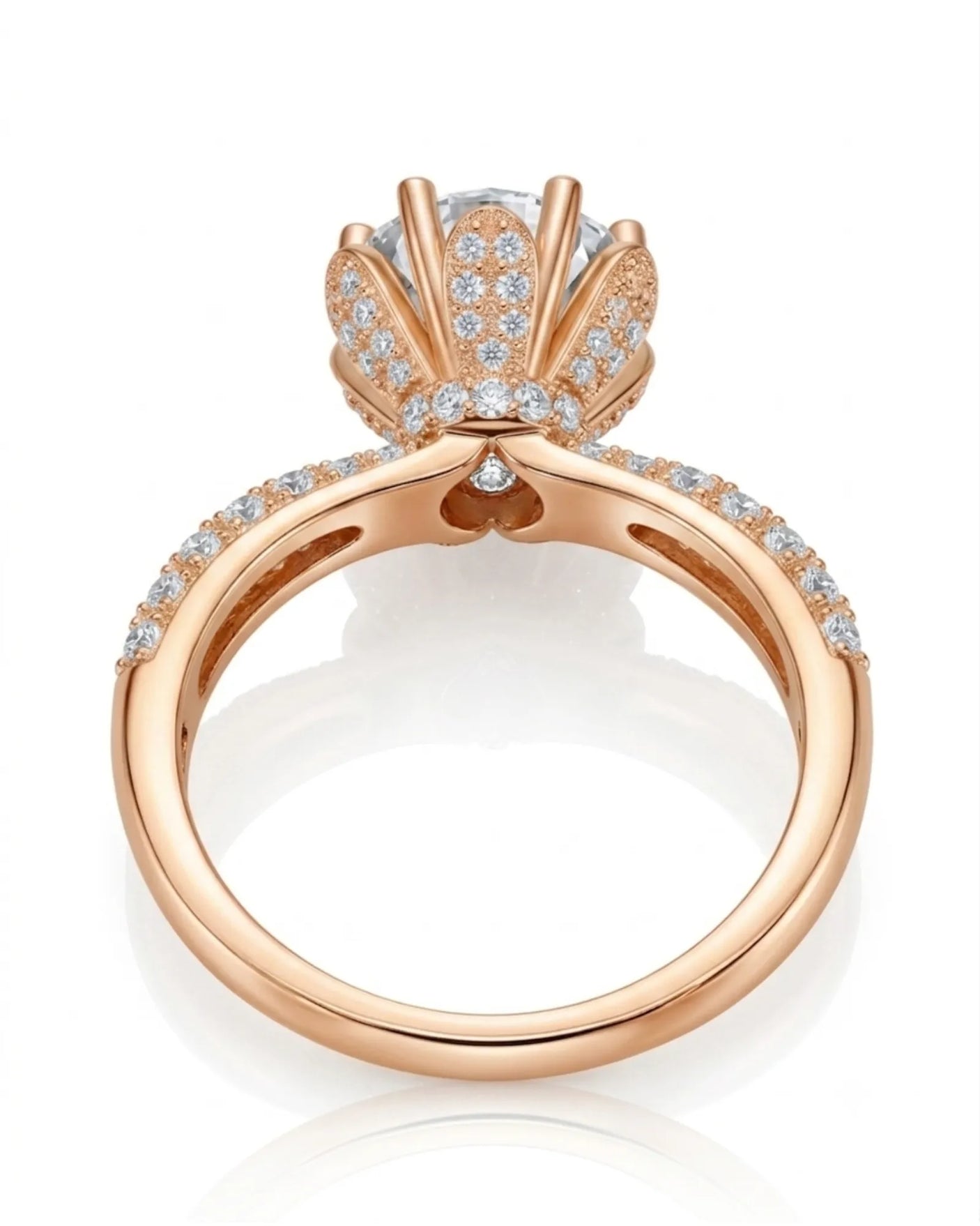 Luxury round moissanite ring with crystal-covered petals, hidden halo, and 18K rose gold craftsmanship | SARATTI