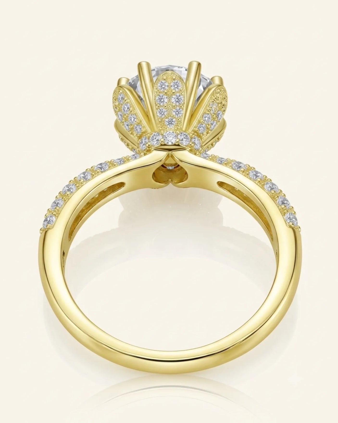Luxury round moissanite ring with crystal-covered petals, hidden halo, and 18K yellow gold craftsmanship - SARATTI