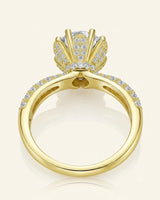 Luxury round moissanite ring with crystal-covered petals, hidden halo, and 18K yellow gold craftsmanship - SARATTI