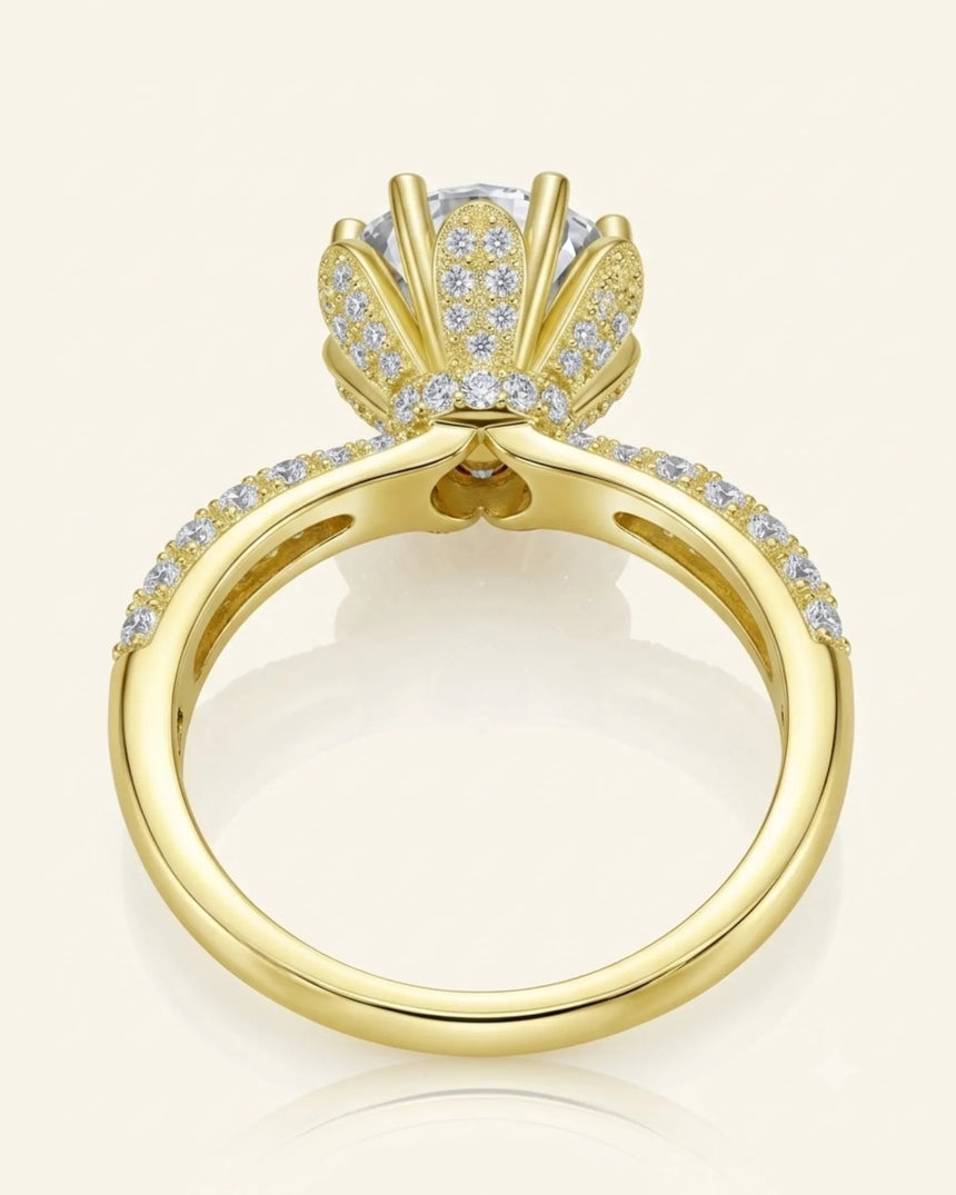 Luxury round moissanite ring with crystal-covered petals, hidden halo, and 18K yellow gold craftsmanship - SARATTI
