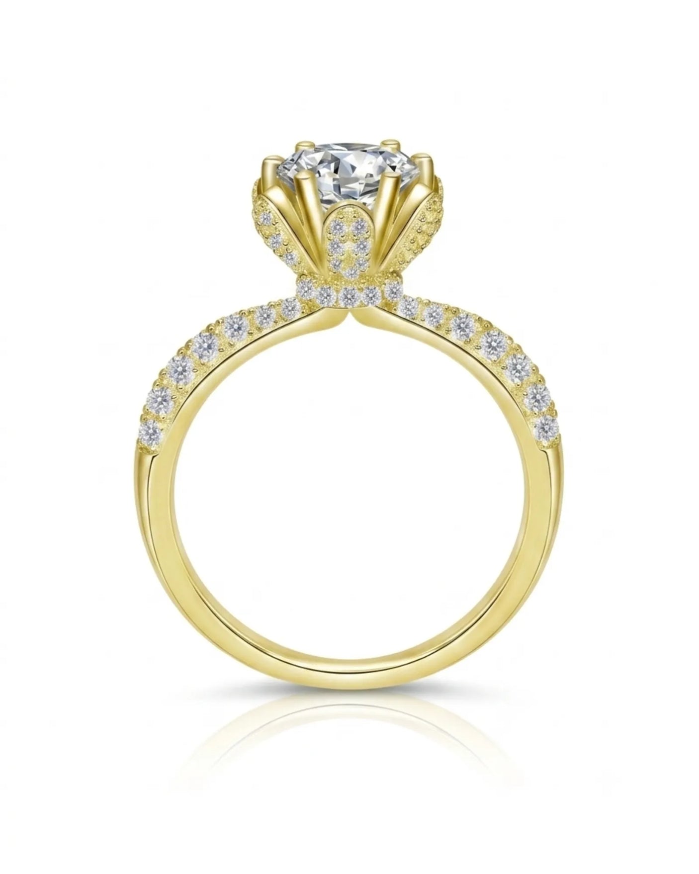 Luxury round moissanite ring with crystal-covered petals, hidden halo, and 18K yellow gold craftsmanship | SARATTI