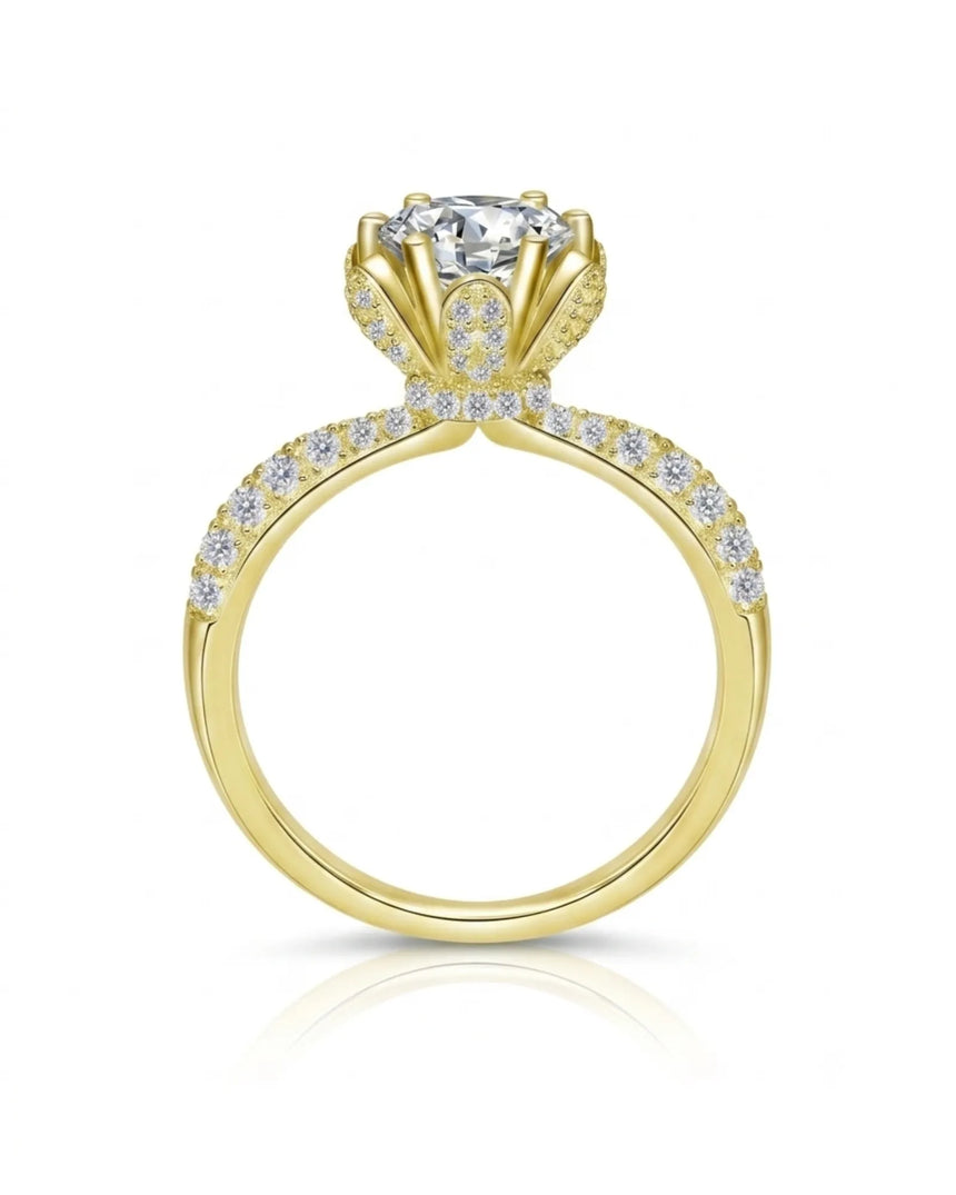 Luxury round moissanite ring with crystal-covered petals, hidden halo, and 18K yellow gold craftsmanship | SARATTI