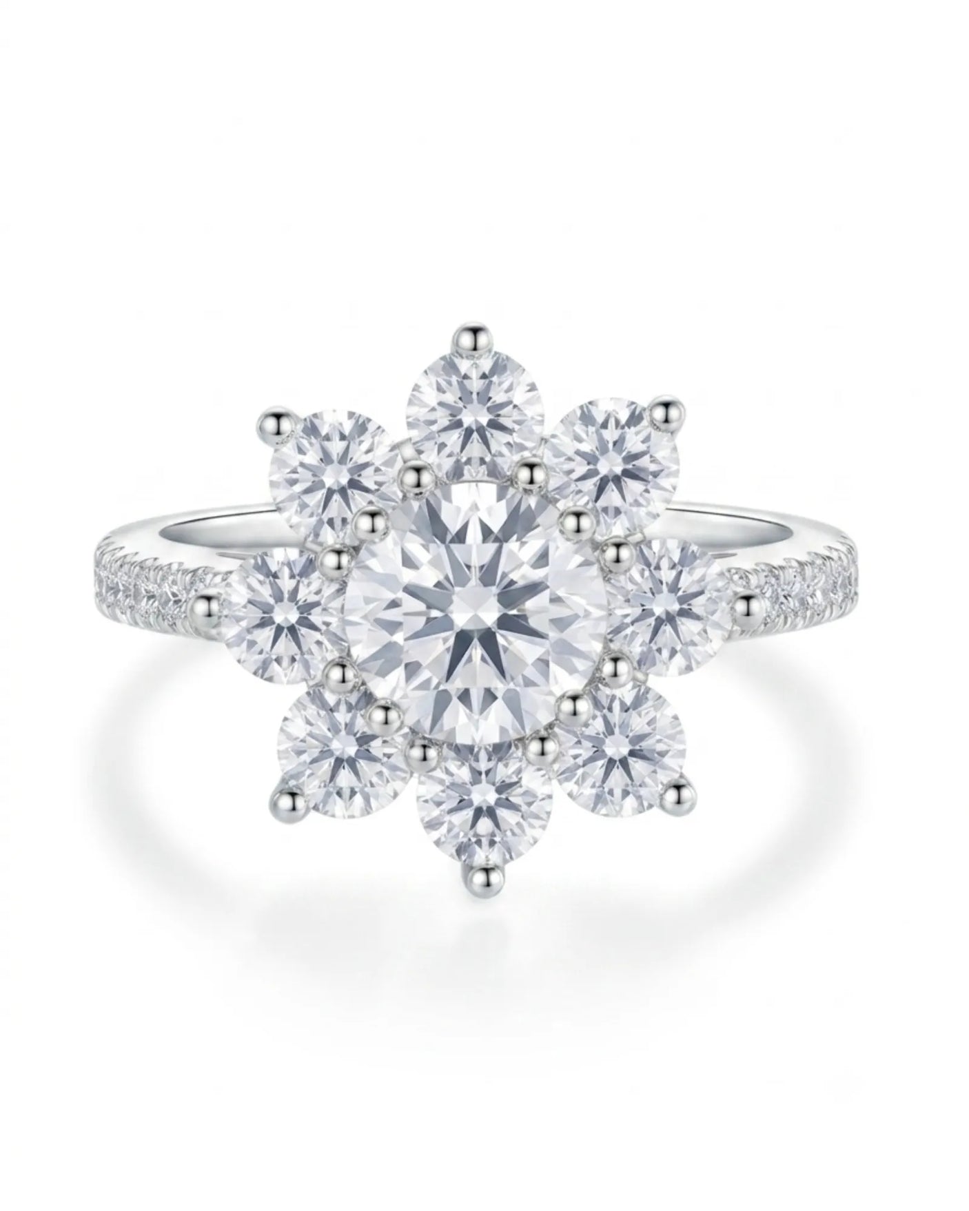 Luxury round moissanite ring with flower-inspired cluster and enduring platinum craftsmanship | SARATTI