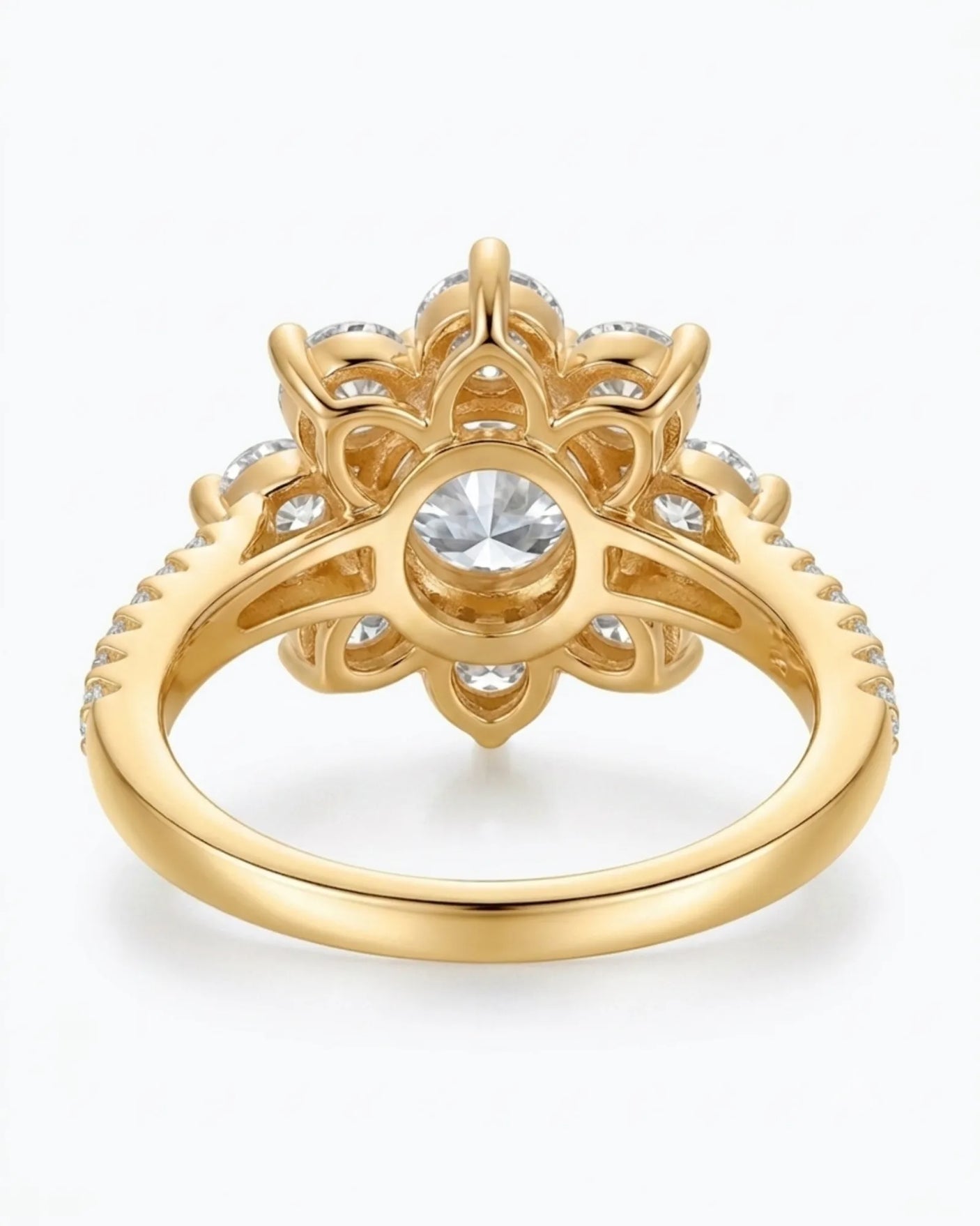 Luxury round moissanite ring with flower-inspired cluster and rich 18K yellow gold craftsmanship - SARATTI