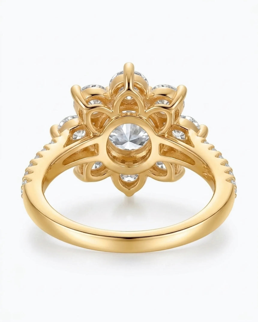 Luxury round moissanite ring with flower-inspired cluster and rich 18K yellow gold craftsmanship - SARATTI