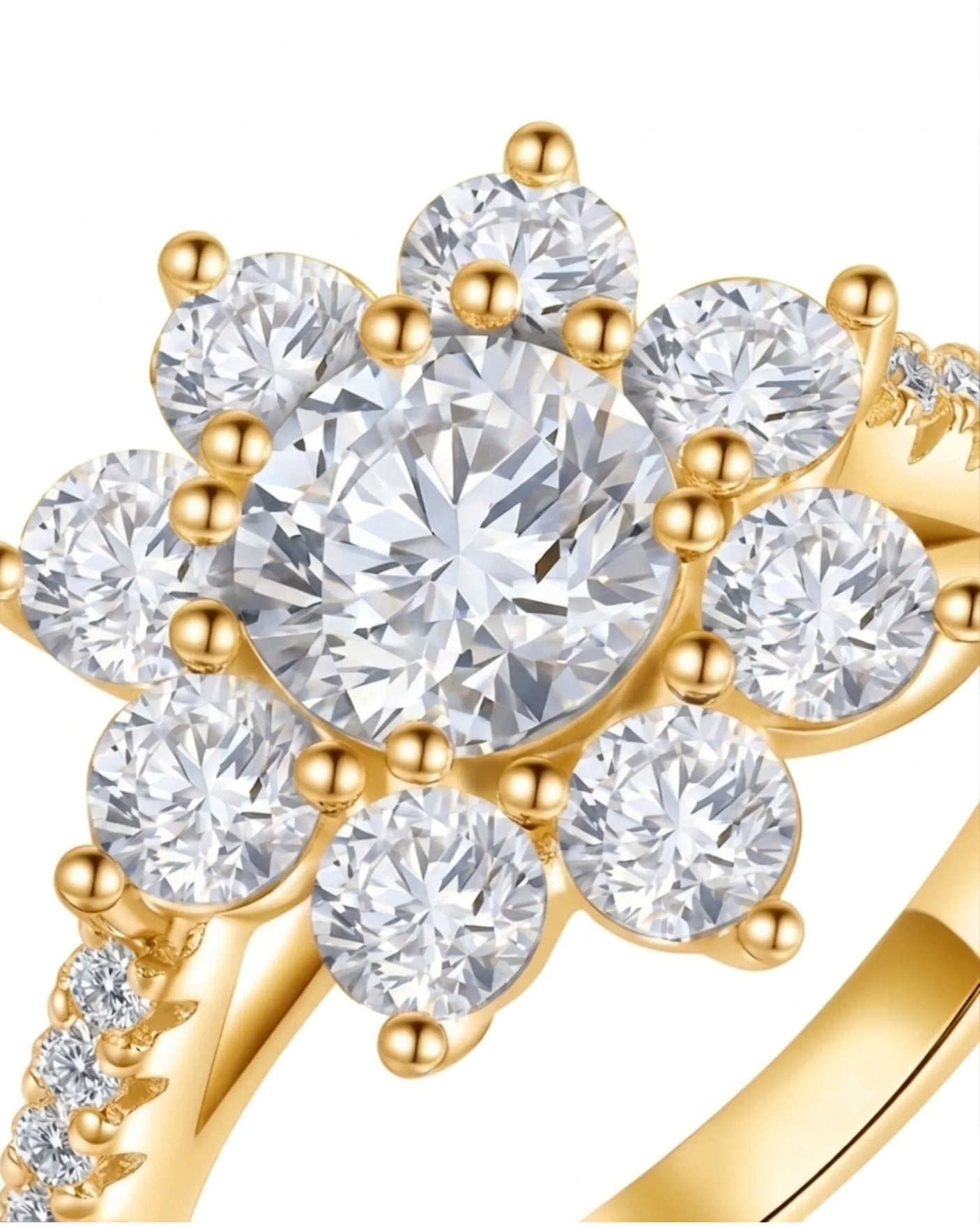 Luxury round moissanite ring with flower-inspired cluster and rich 18K yellow gold craftsmanship | SARATTI