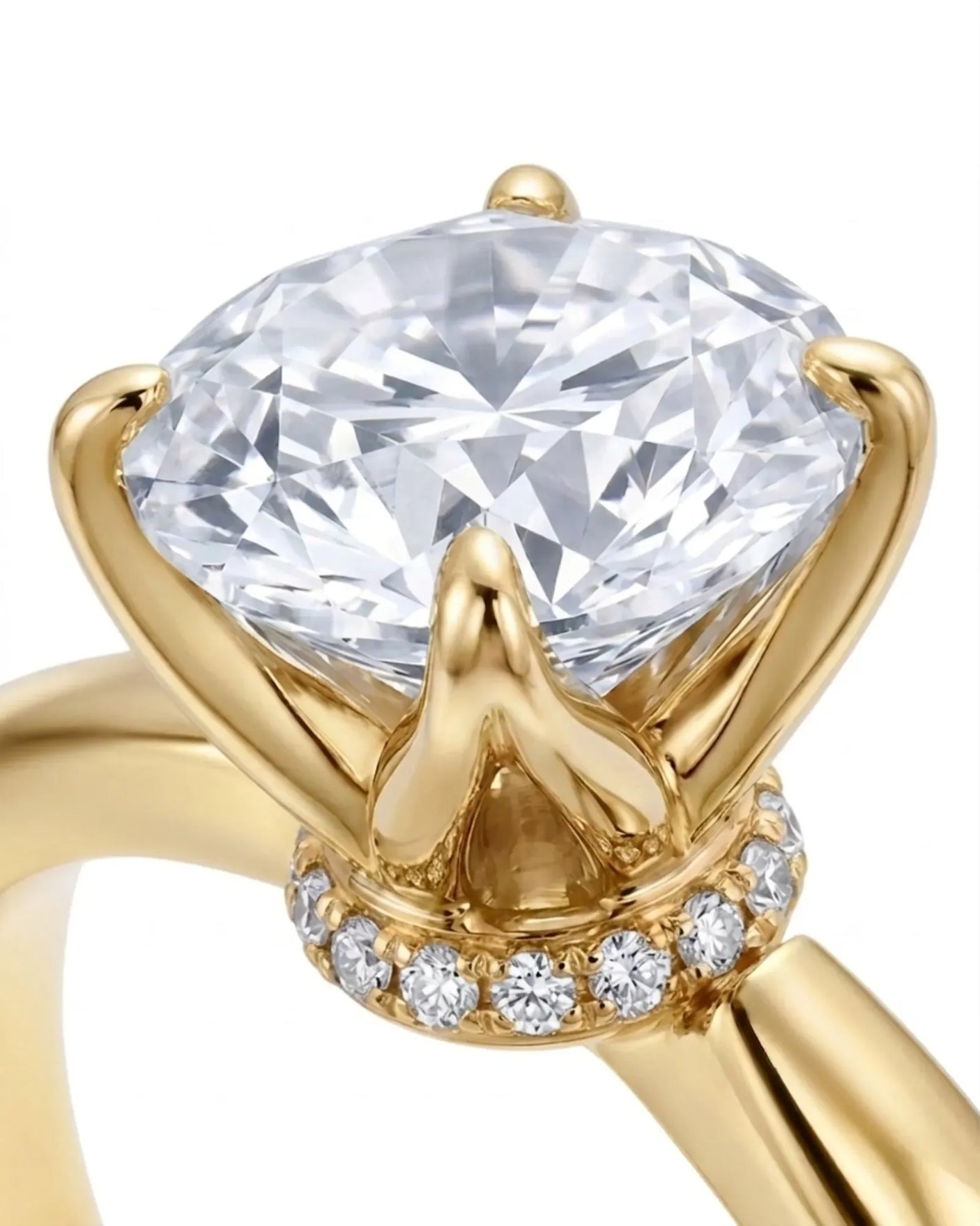 Luxury round moissanite ring with hidden pavé detail and rich yellow gold setting | SARATTI