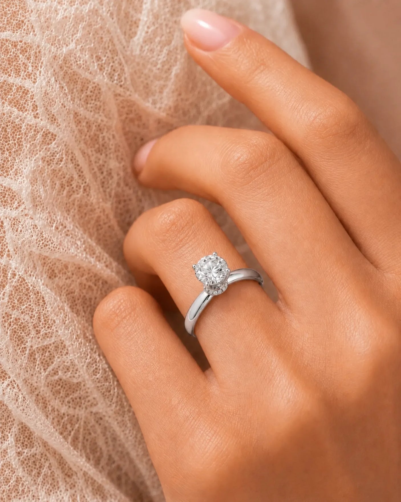 Luxury round moissanite ring with hidden pavé detail and timeless platinum setting - SARATTI