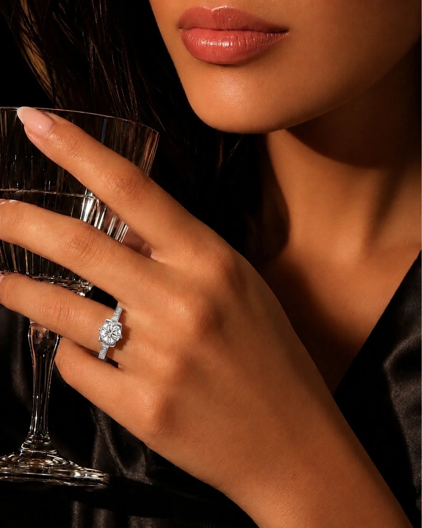 Luxury round moissanite ring with pavé accents and architectural fleur-de-lis gallery crafted in polished platinum - SARATTI