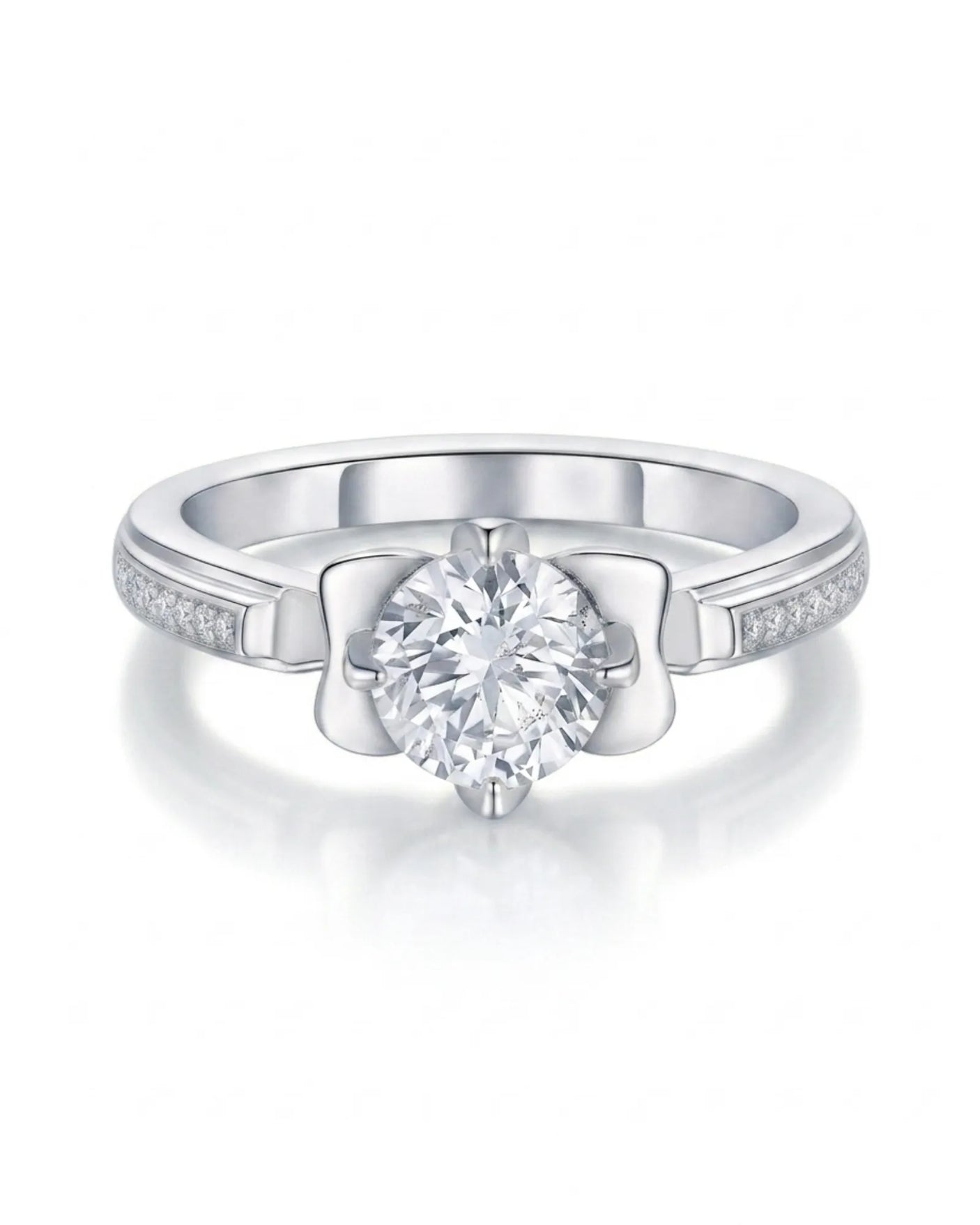 Luxury round moissanite ring with pavé accents and architectural fleur-de-lis gallery crafted in polished platinum | SARATTI