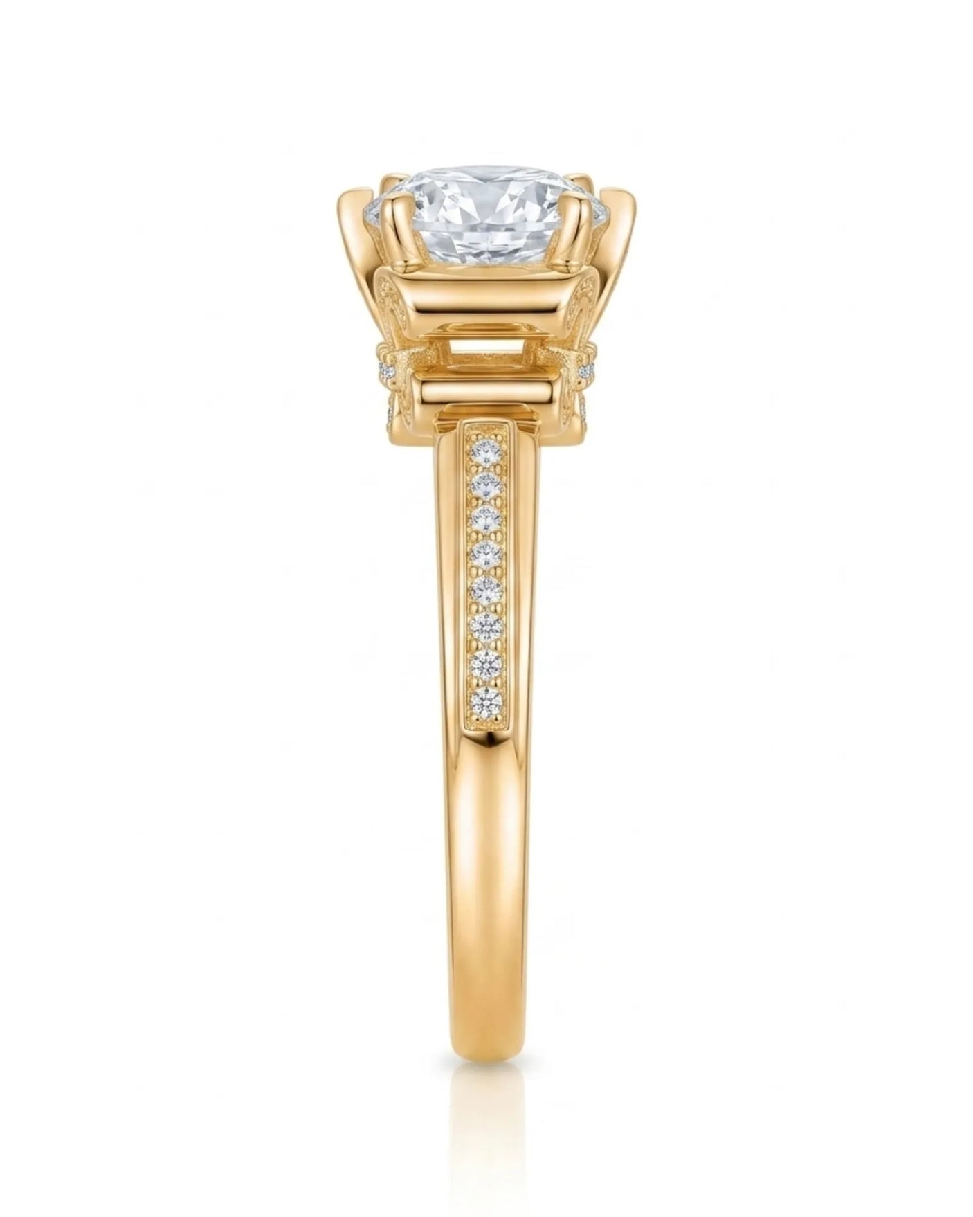 Luxury round moissanite ring with pavé accents and ornamental fleur-de-lis gallery crafted in 18K yellow gold | SARATTI