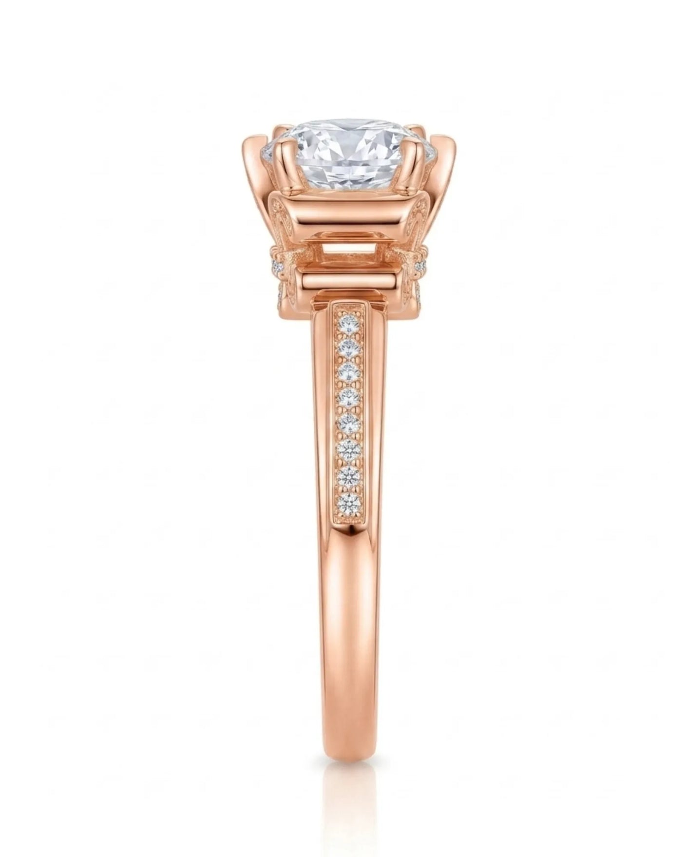 Luxury round moissanite ring with pavé accents and sculptural fleur-de-lis gallery crafted in 18K rose gold - SARATTI