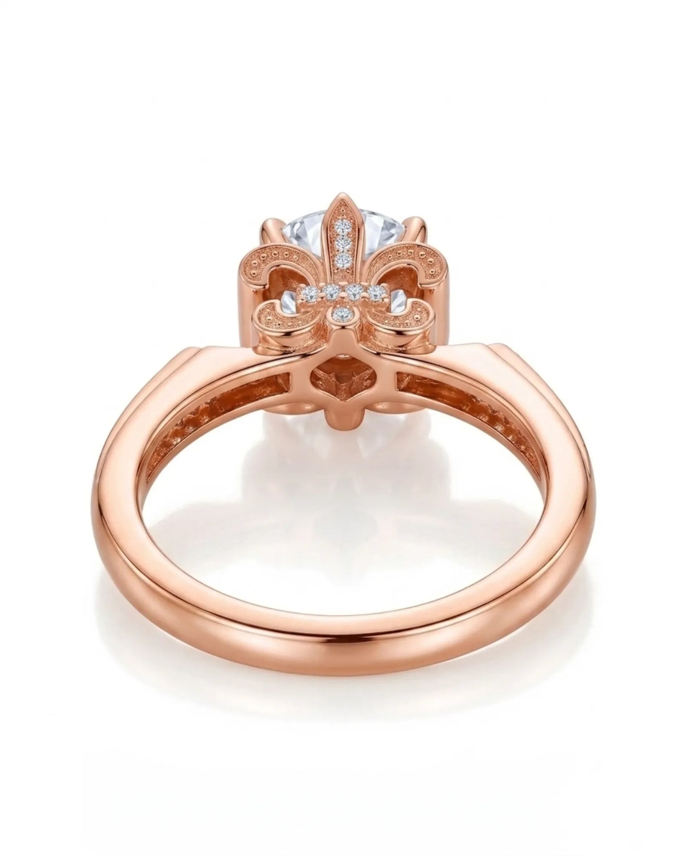 Luxury round moissanite ring with pavé accents and sculptural fleur-de-lis gallery crafted in 18K rose gold | SARATTI