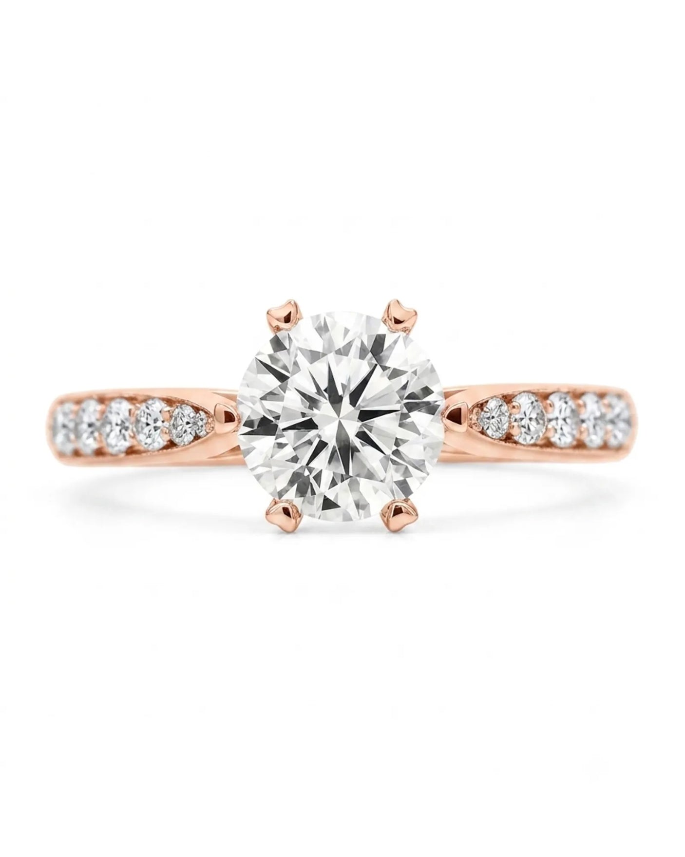 Luxury round moissanite ring with sculpted crown and warm romantic finish | SARATTI