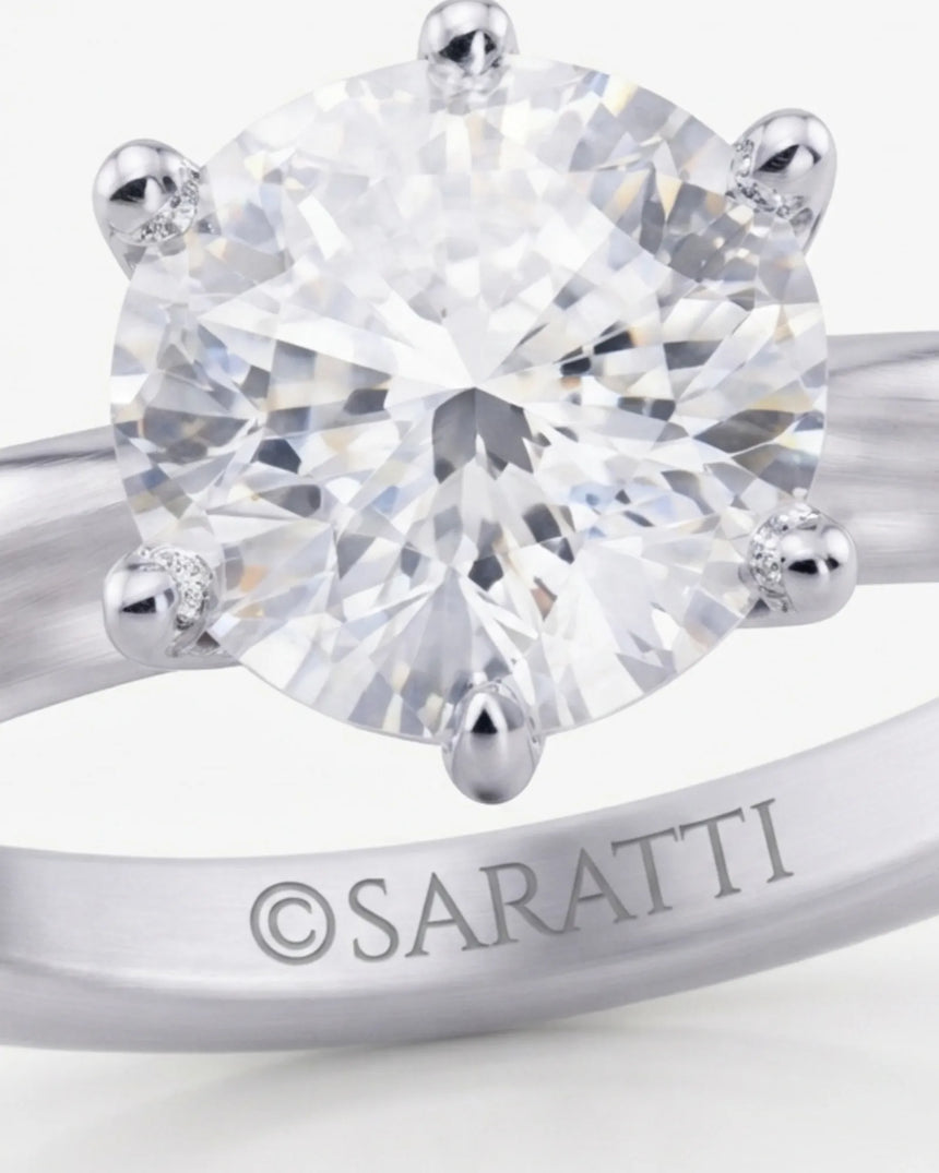 Luxury round moissanite solitaire in 18K white gold with refined architectural setting | SARATTI.