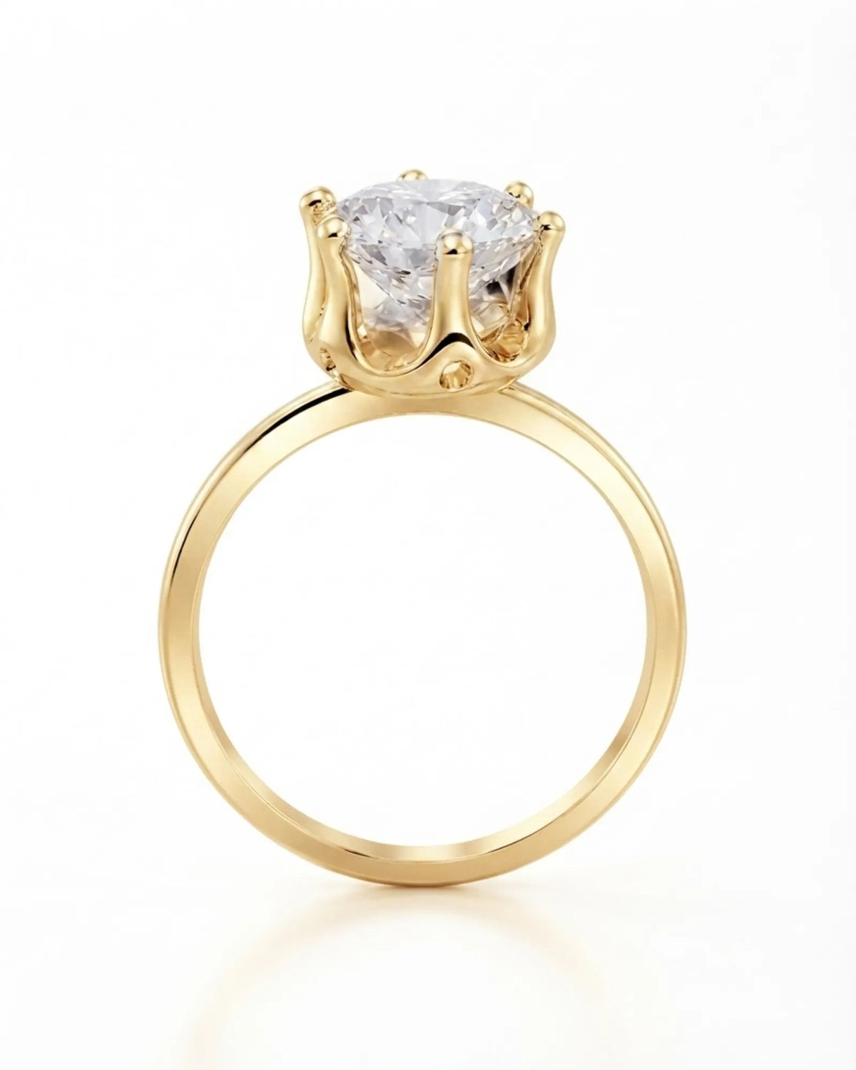 Luxury round moissanite solitaire in 18K yellow gold with refined architectural setting | SARATTI