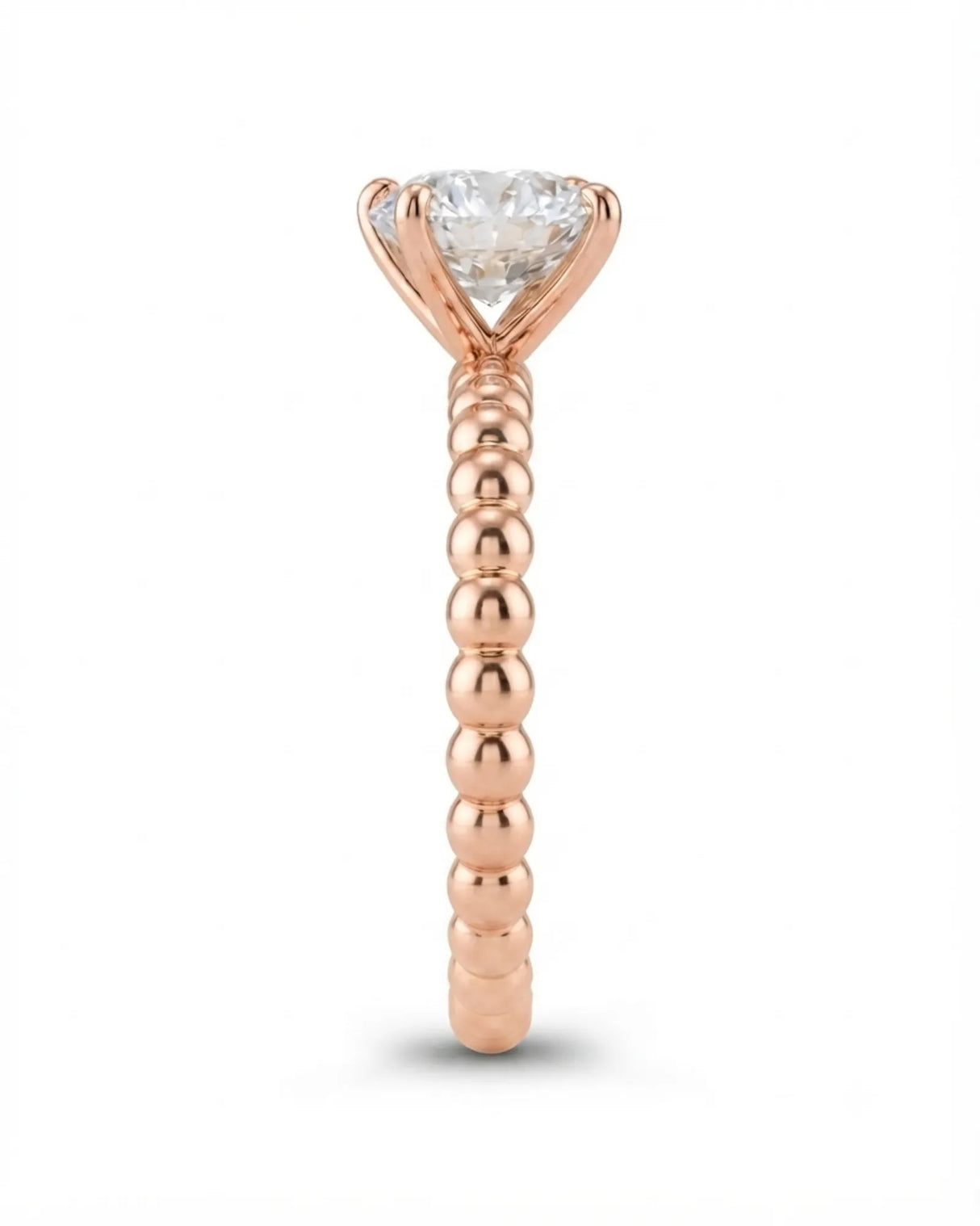Luxury round moissanite solitaire in rose gold with continuous polished bead band design | SARATTI