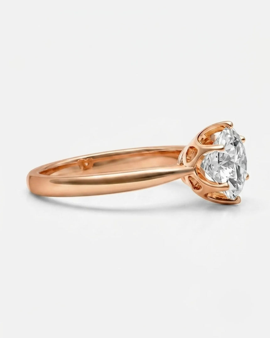 Luxury round moissanite solitaire ring in rose gold for refined engagement styling | SARATTI