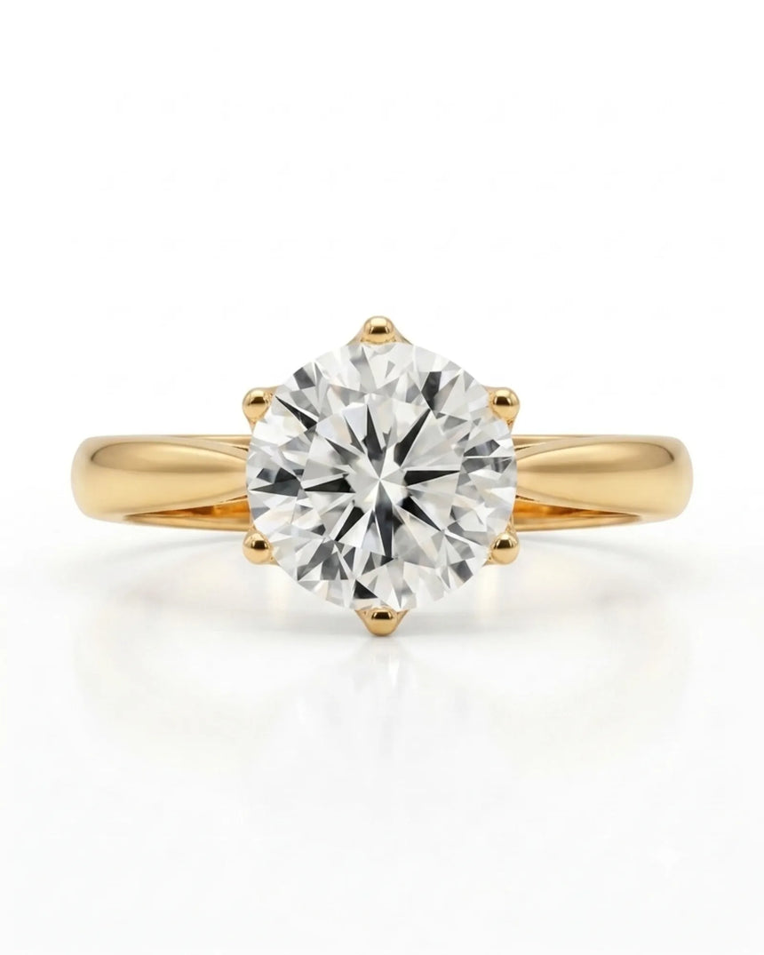 Luxury round moissanite solitaire ring in yellow gold for elegant engagement styling | SARATTI.