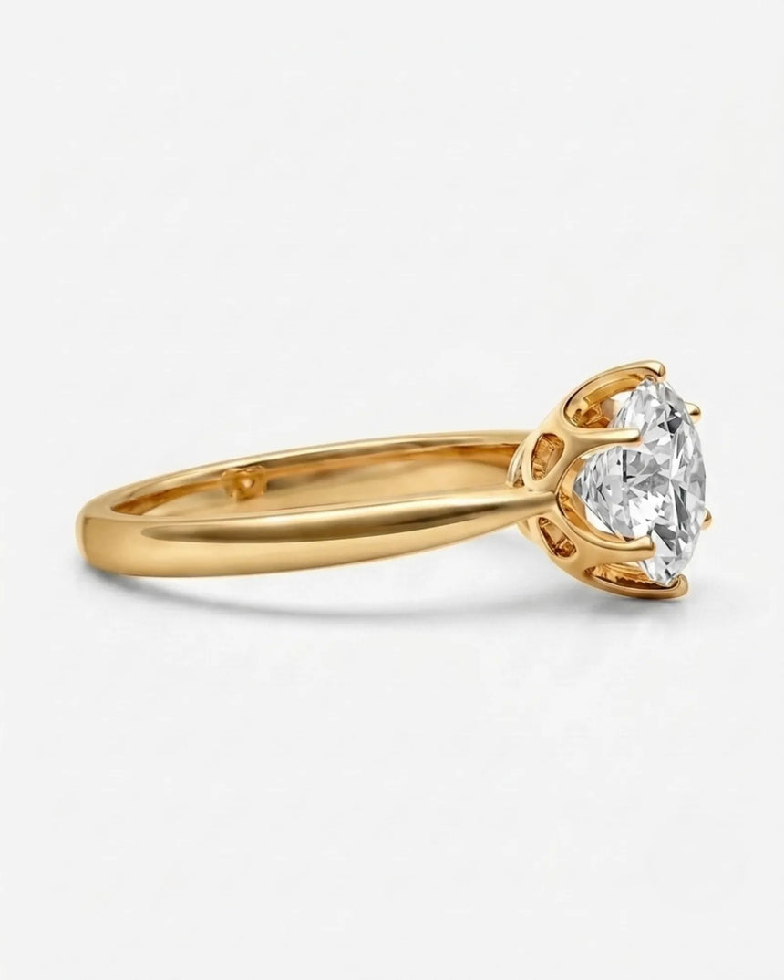 Luxury round moissanite solitaire ring in yellow gold for elegant engagement styling | SARATTI