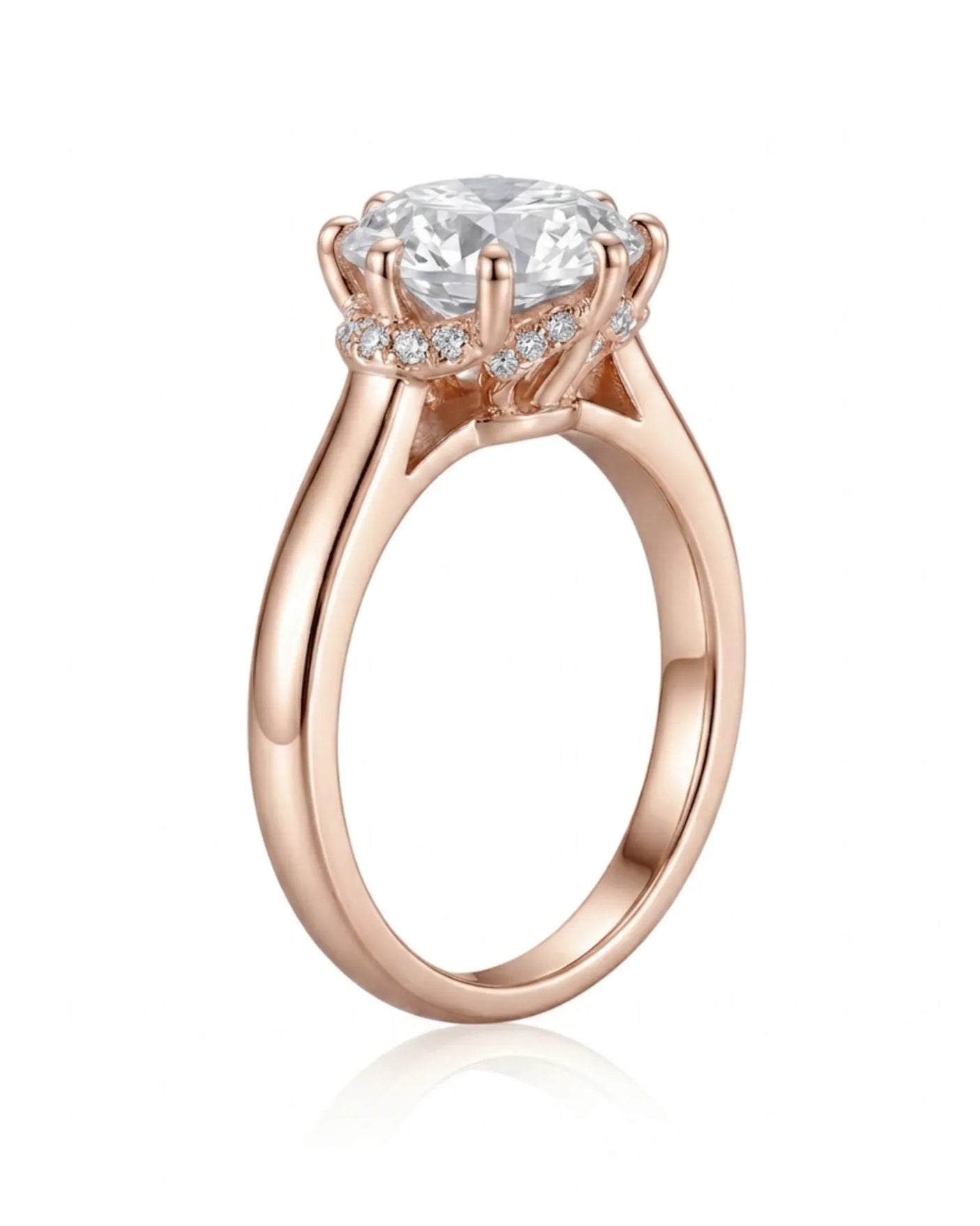 Luxury round moissanite solitaire with vintage rose gold basket and refined profile | SARATTI