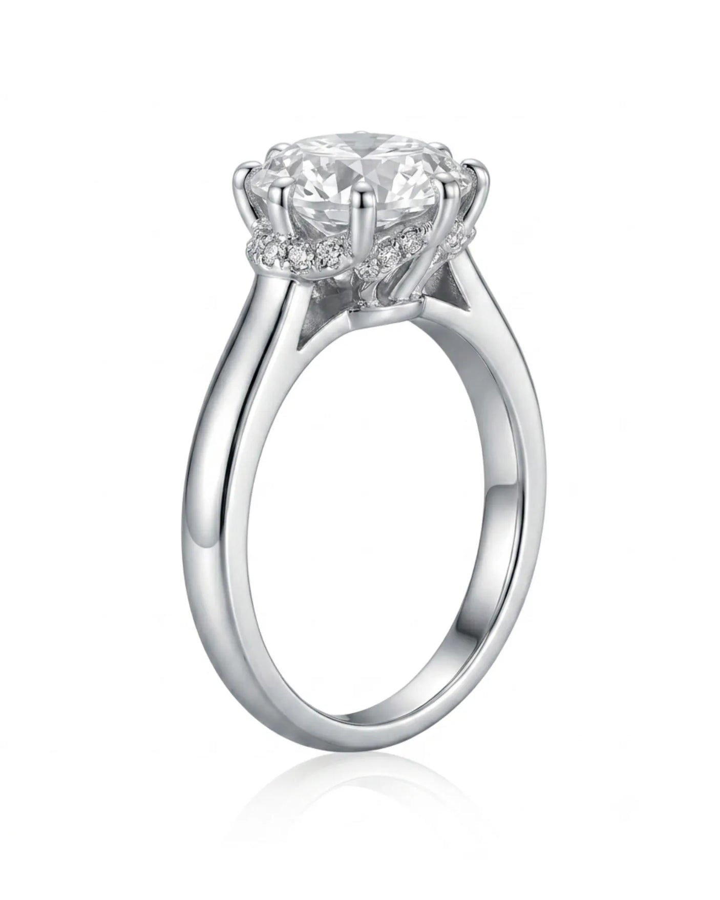 Luxury round moissanite solitaire with vintage white gold basket and refined profile | SARATTI