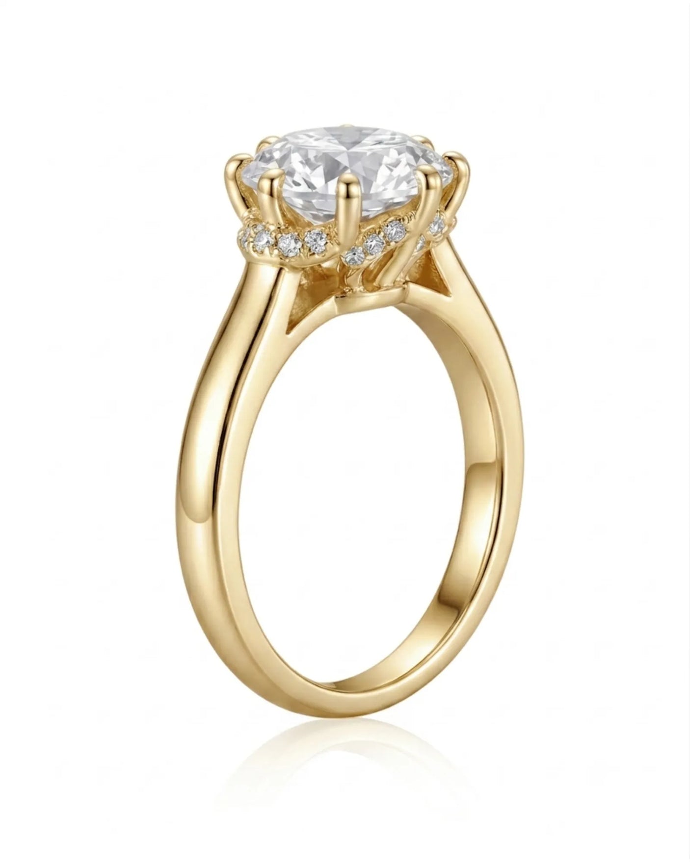 Luxury round moissanite solitaire with vintage yellow gold basket and refined profile | SARATTI.