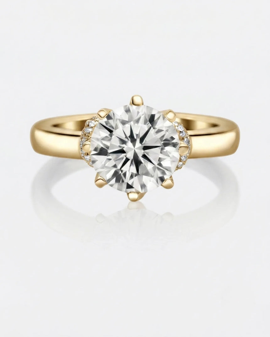 Luxury round moissanite solitaire with vintage yellow gold basket and refined profile | SARATTI