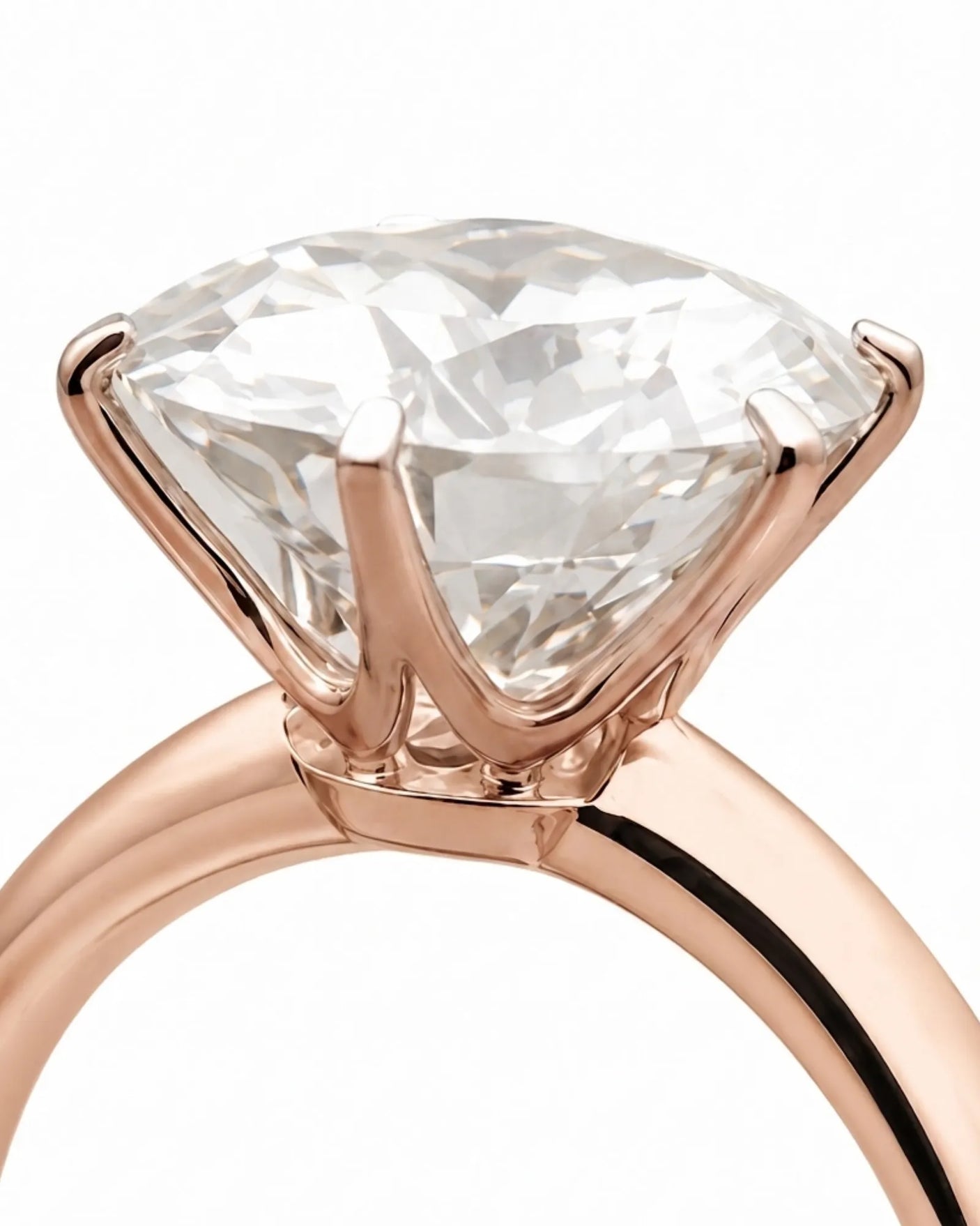 Luxury round moissanite statement ring with high-polish rose gold band and elevated setting | SARATTI