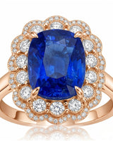 Luxury royal blue sapphire cocktail ring with diamond halo in 18K rose gold - SARATTI