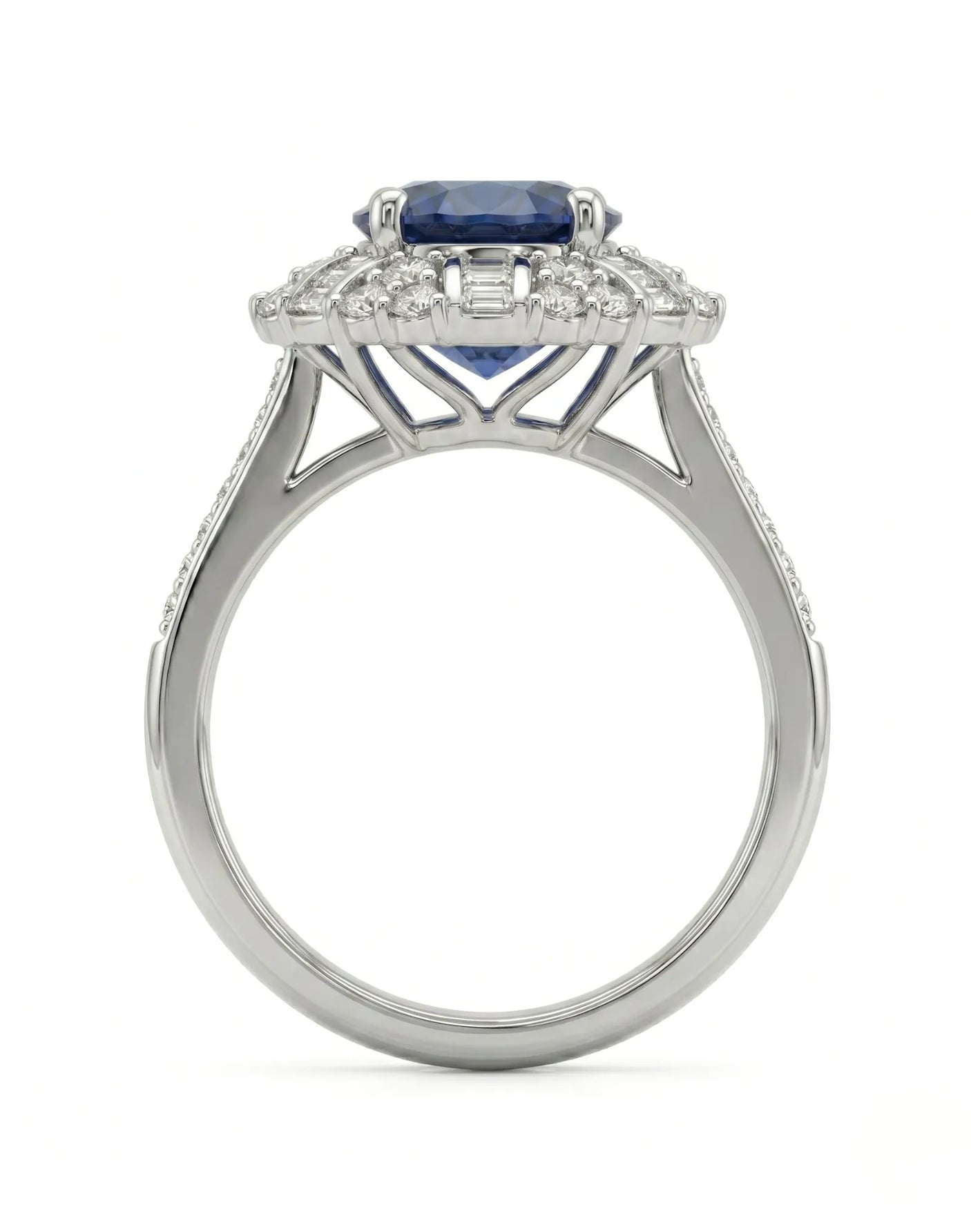 Luxury royal blue sapphire diamond ring crafted in polished 18K white gold | SARATTI