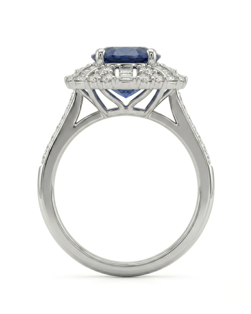 Luxury royal blue sapphire diamond ring crafted in polished 18K white gold | SARATTI