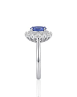 Luxury royal blue sapphire diamond ring with classic halo design in 18K white gold - SARATTI