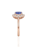 Luxury royal blue sapphire diamond ring with romantic halo design in 18K rose gold - SARATTI